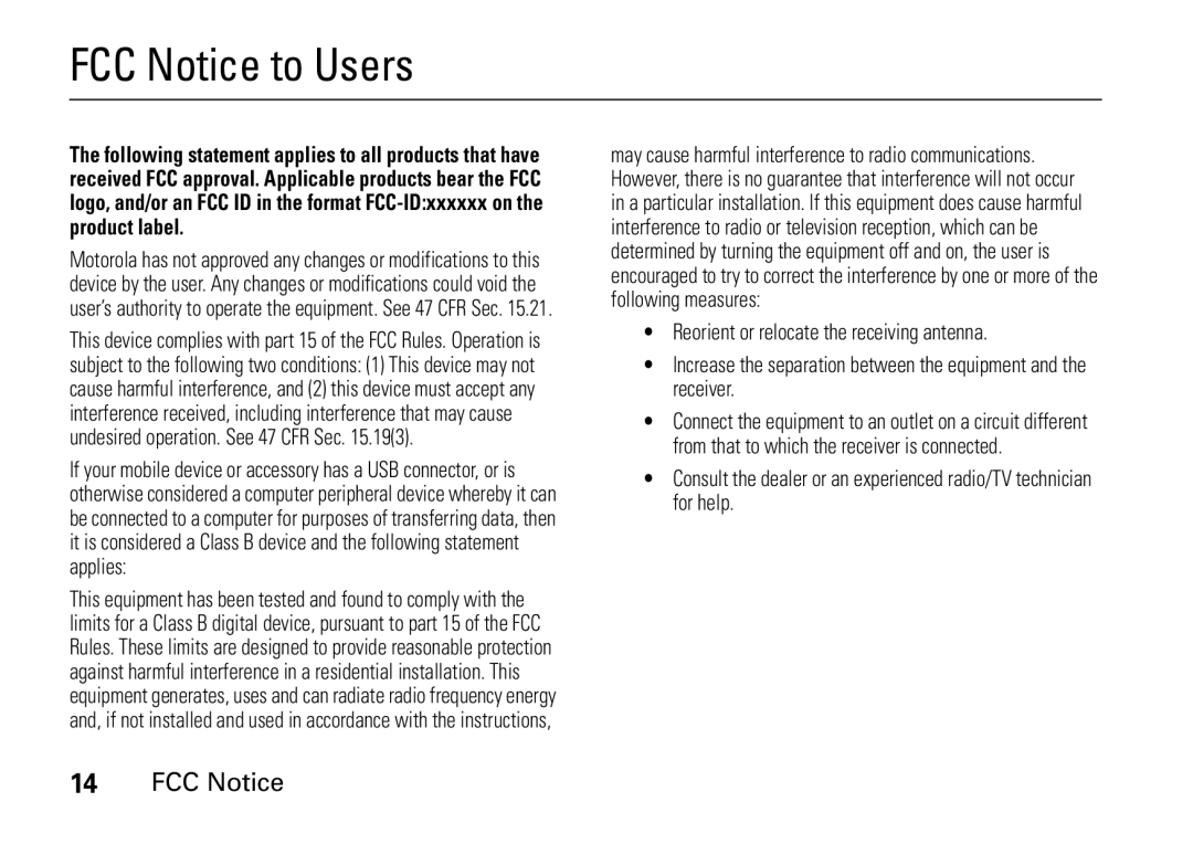 Motorola 9HMOTO manual FCC Notice to Users 