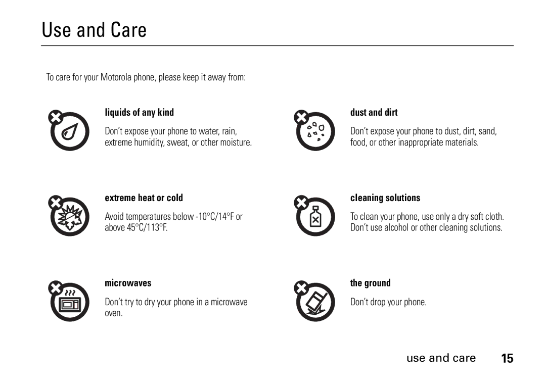 Motorola 9HMOTO manual Use and Care 