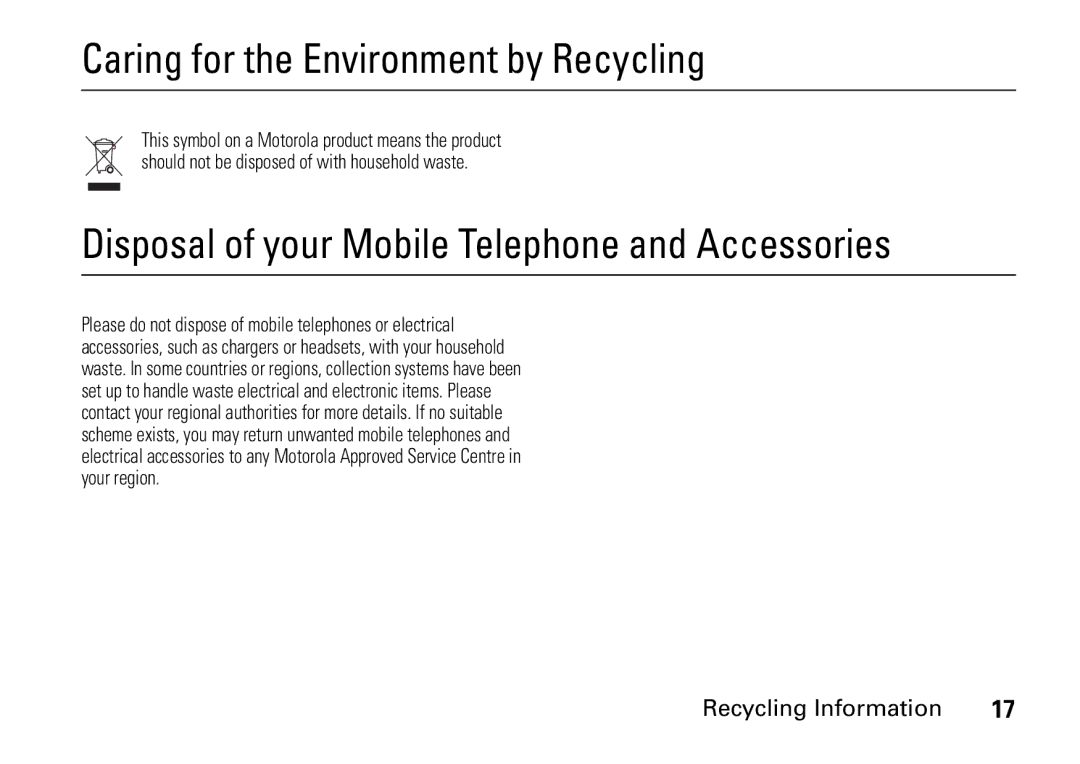 Motorola 9HMOTO manual Caring for the Environment by Recycling 