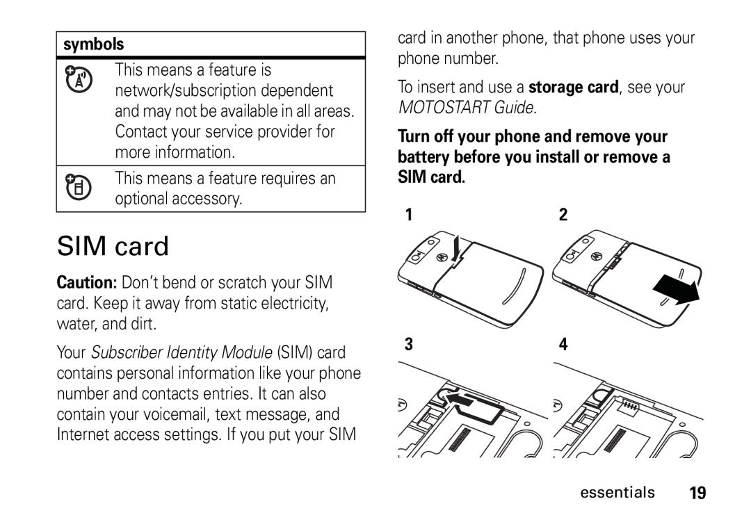 Motorola 9HMOTO manual SIM card, Symbols 