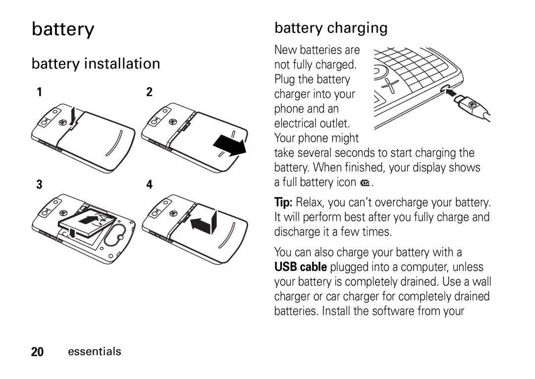 Motorola 9HMOTO manual Battery installation Battery charging 