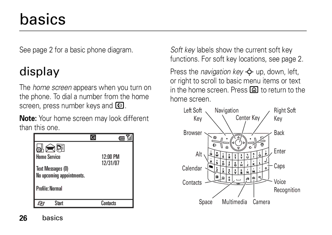 Motorola 9HMOTO manual Basics, Display, See page 2 for a basic phone diagram 