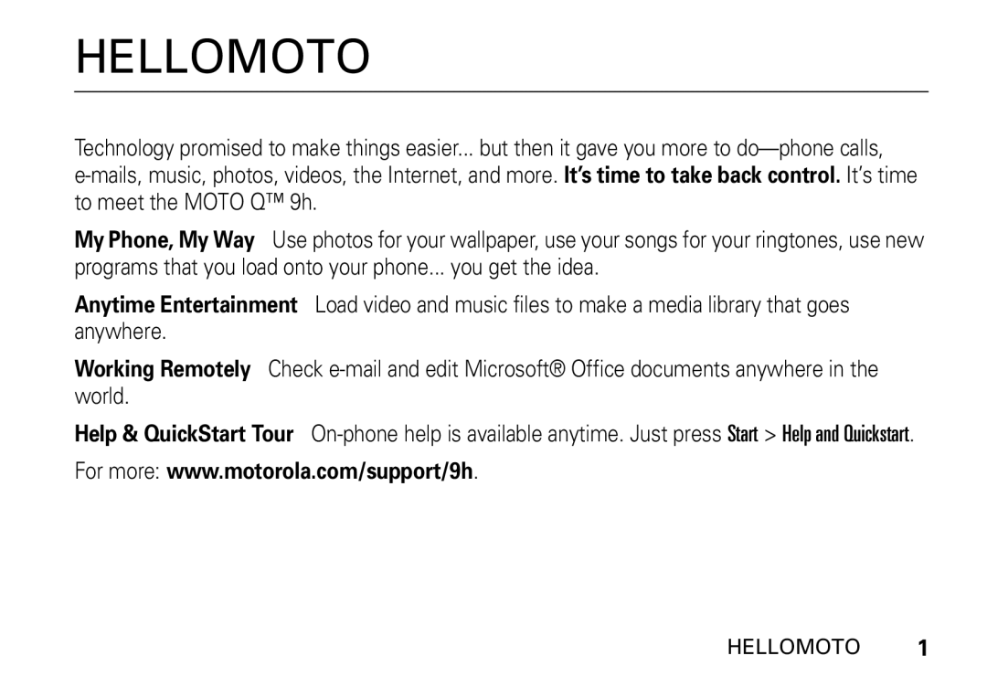 Motorola 9HMOTO manual Hellomoto 