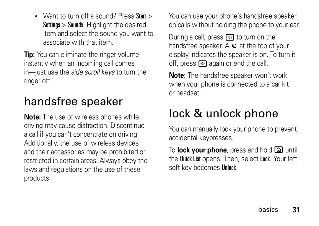 Motorola 9HMOTO manual Handsfree speaker, Lock & unlock phone 