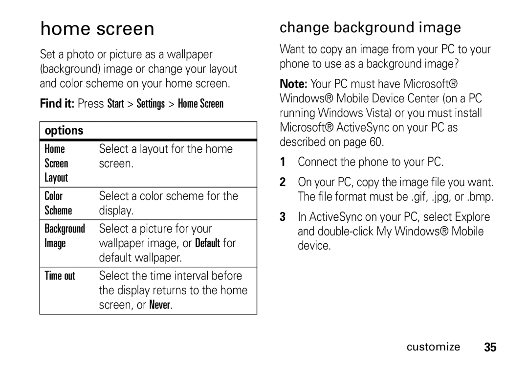 Motorola 9HMOTO manual Home screen, Change background image, Connect the phone to your PC 