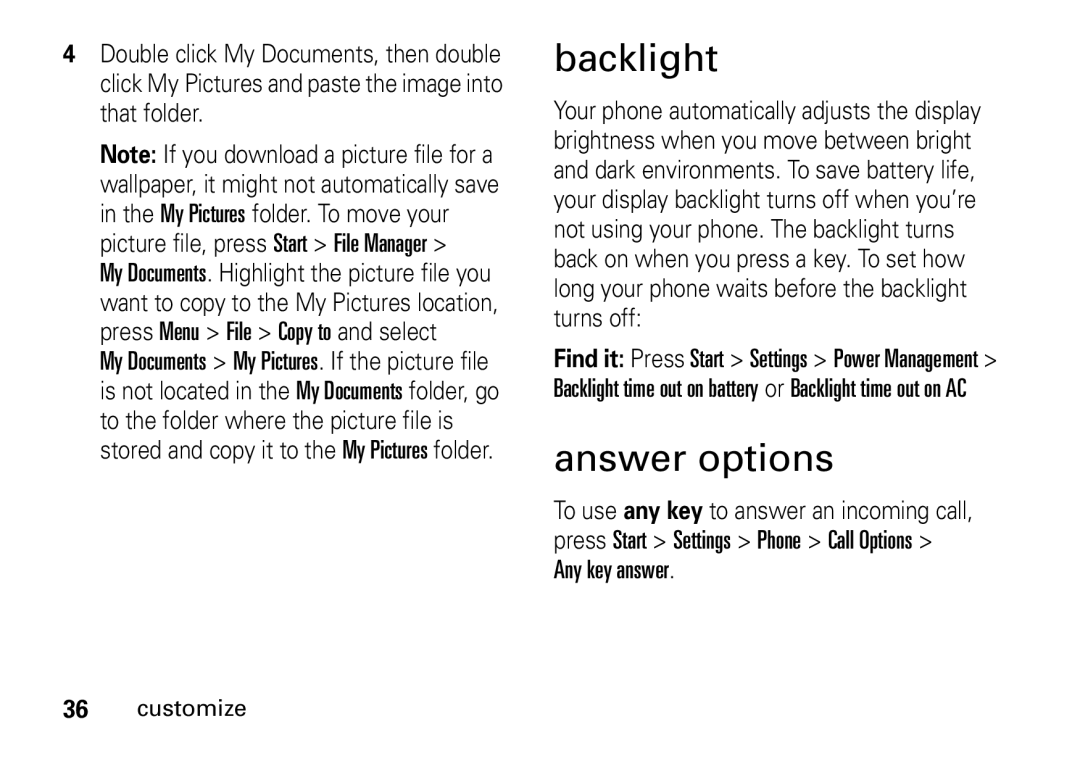 Motorola 9HMOTO manual Backlight, Answer options 