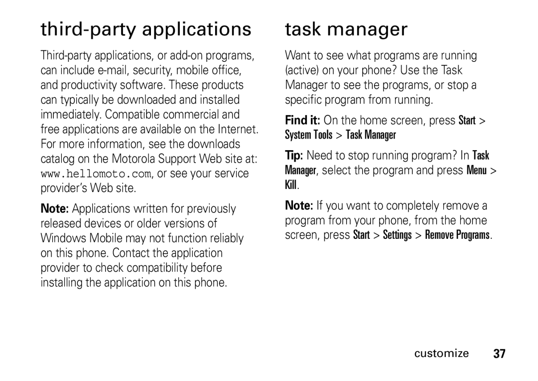 Motorola 9HMOTO manual Third-party applications Task manager 