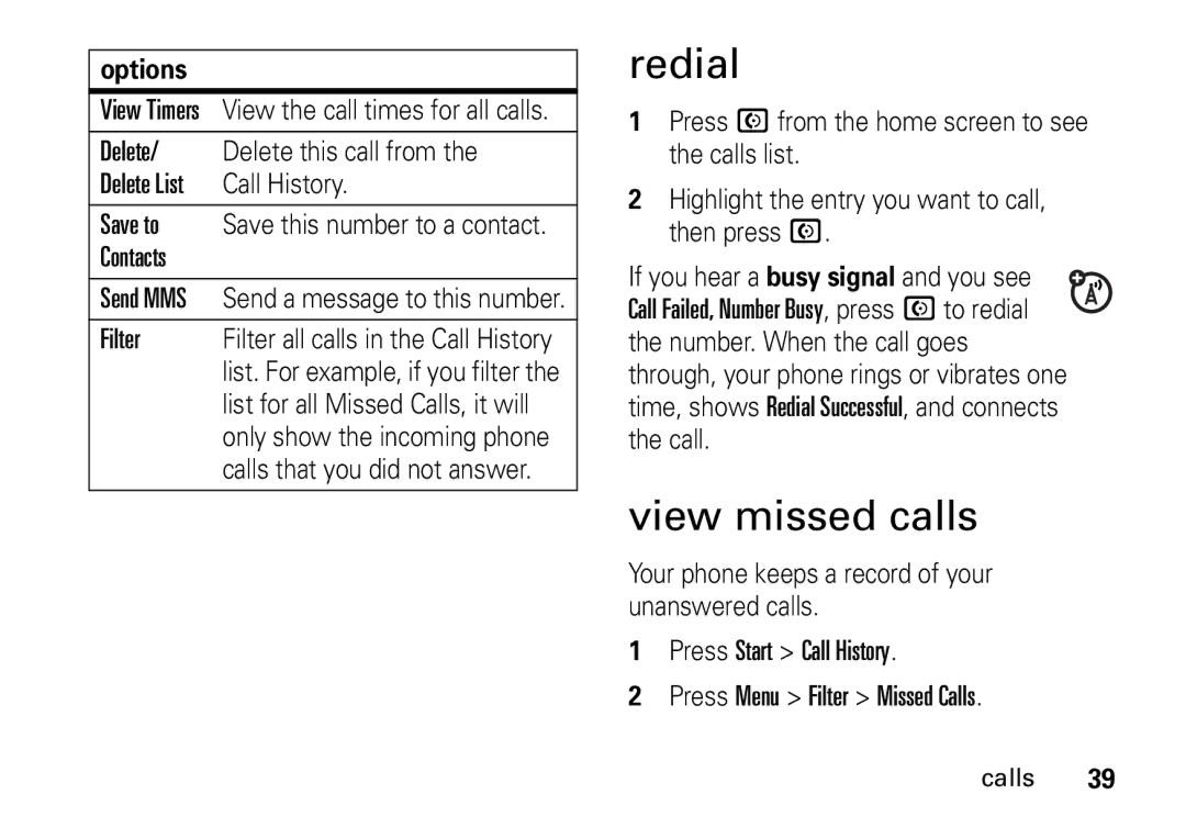 Motorola 9HMOTO manual Redial, View missed calls 