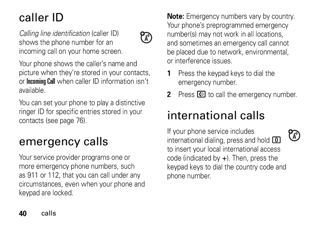 Motorola 9HMOTO manual Caller ID, Emergency calls, International calls 