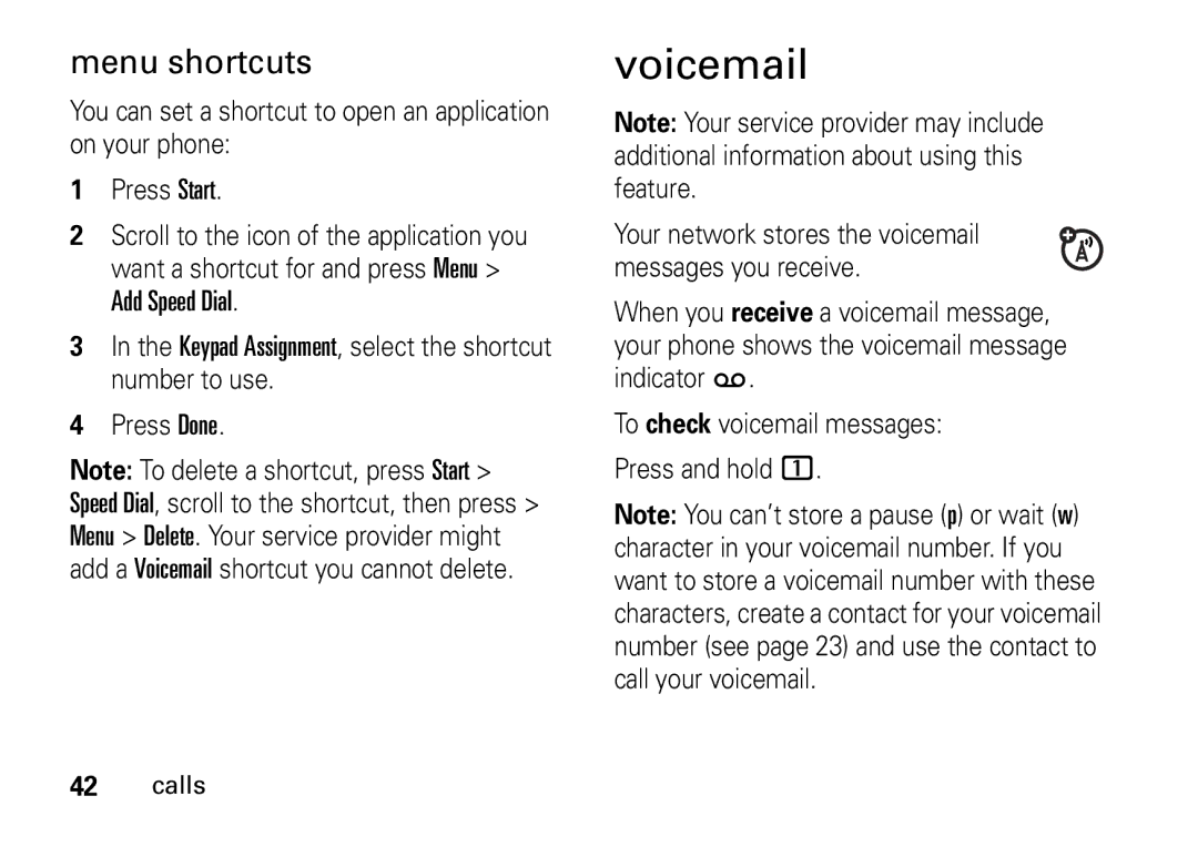 Motorola 9HMOTO manual Voicemail, Menu shortcuts 