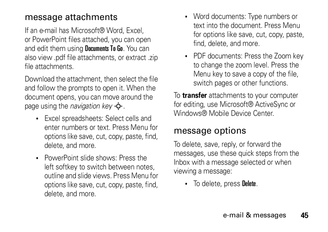 Motorola 9HMOTO manual Message attachments, Message options 