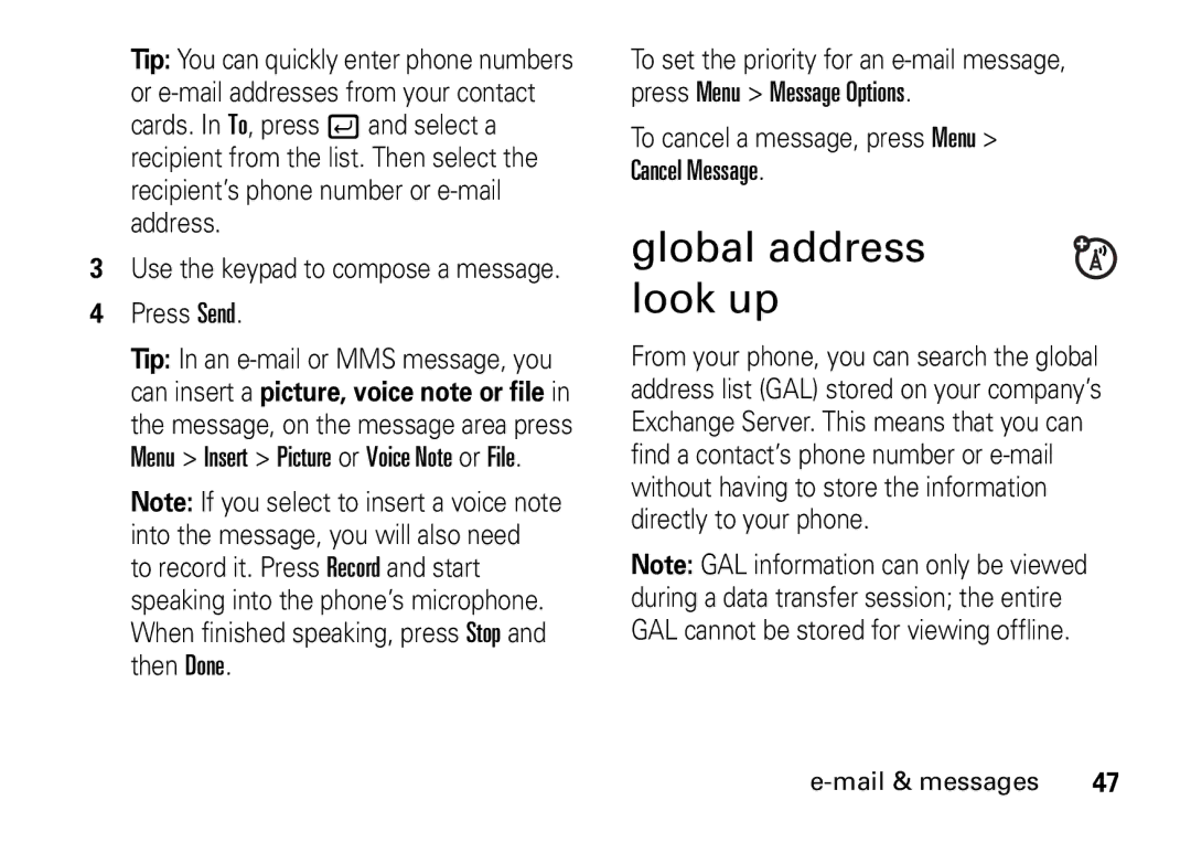 Motorola 9HMOTO manual Global address look up, To cancel a message, press Menu Cancel Message 