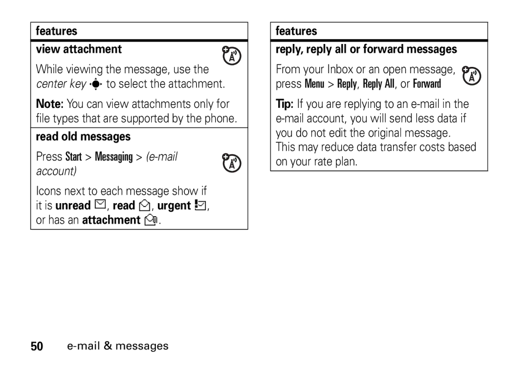 Motorola 9HMOTO manual Features View attachment, Read old messages, Press Start Messaging e-mail account 