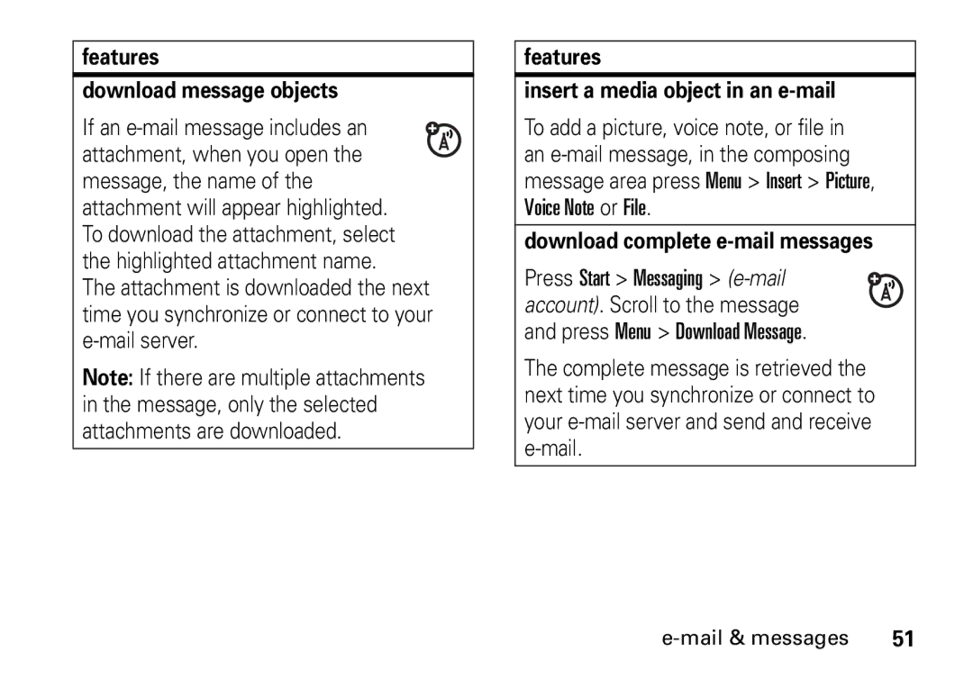 Motorola 9HMOTO manual Features Download message objects, Features Insert a media object in an e-mail 