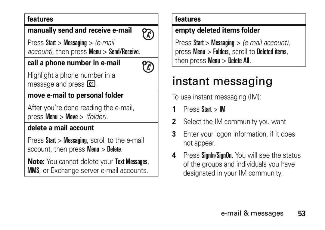 Motorola 9HMOTO manual Instant messaging 