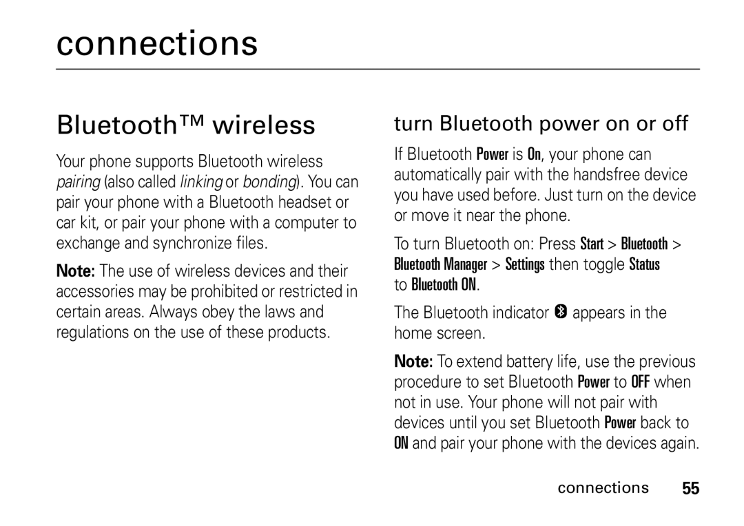 Motorola 9HMOTO manual Connections, Bluetooth wireless, Turn Bluetooth power on or off 