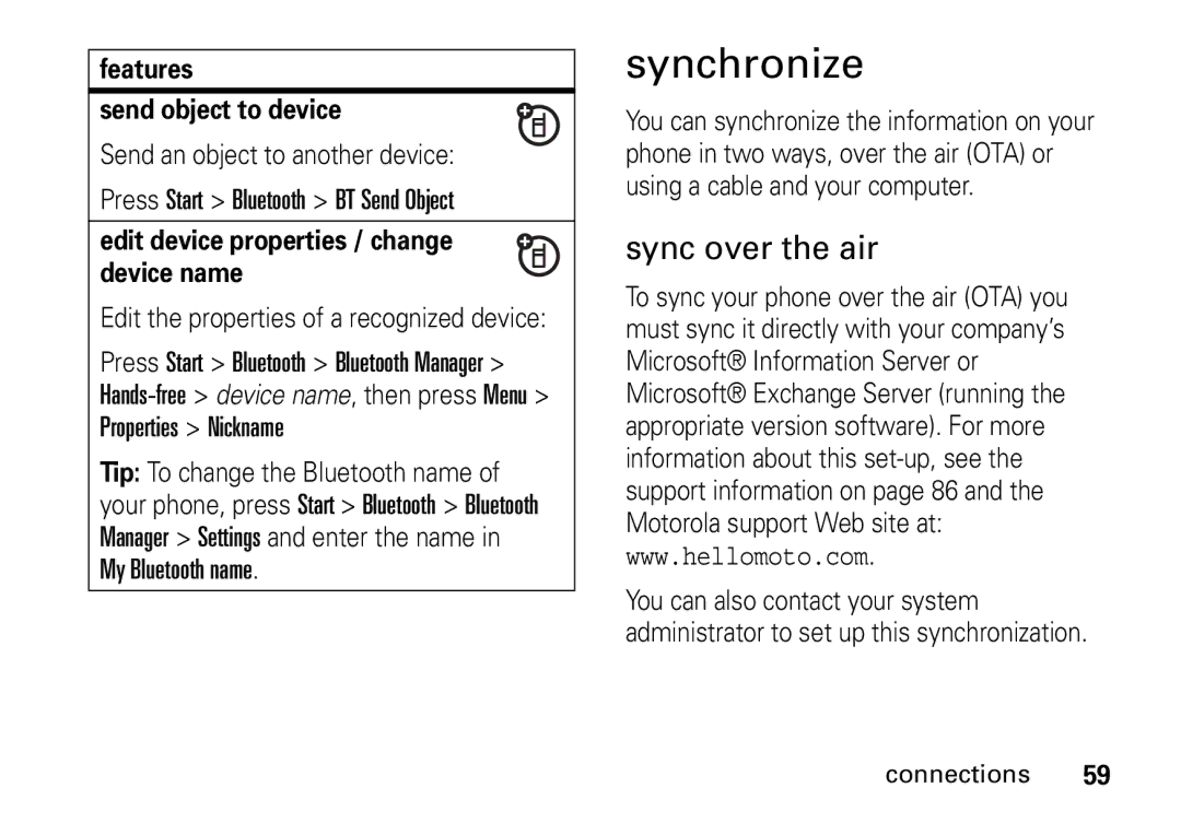 Motorola 9HMOTO Synchronize, Sync over the air, Features Send object to device, Edit the properties of a recognized device 