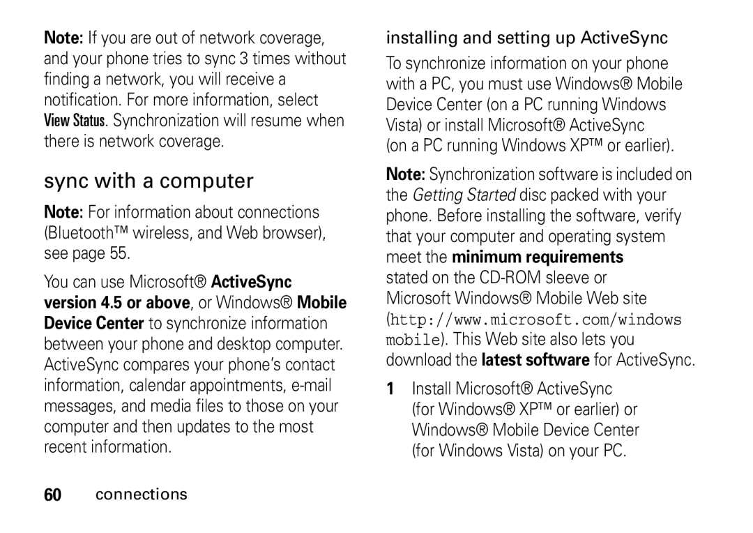 Motorola 9HMOTO manual Sync with a computer, Installing and setting up ActiveSync 