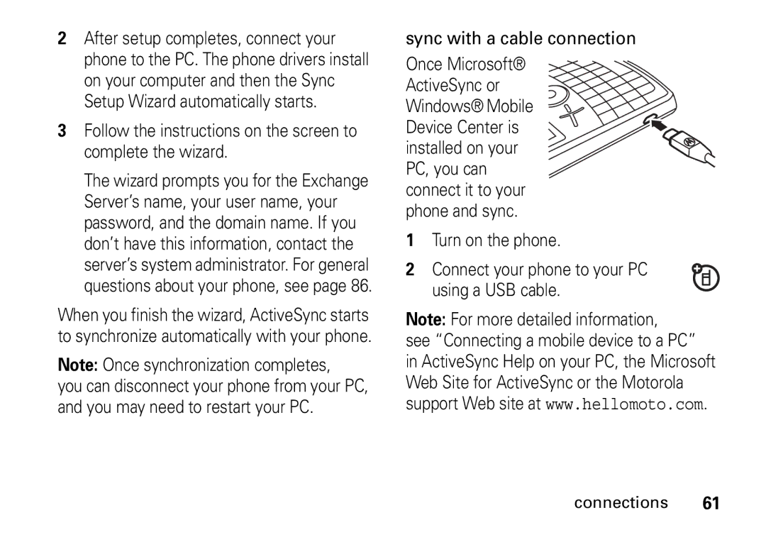 Motorola 9HMOTO manual Follow the instructions on the screen to complete the wizard, Sync with a cable connection 