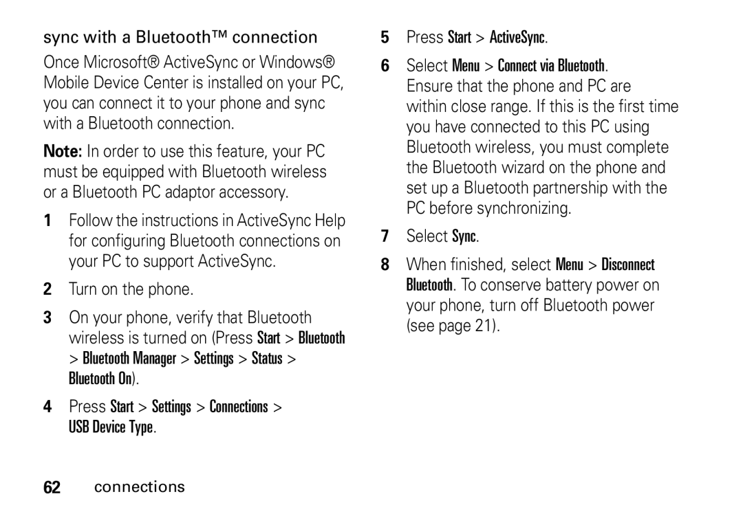 Motorola 9HMOTO manual Sync with a Bluetooth connection, Press Start ActiveSync, Select Sync 