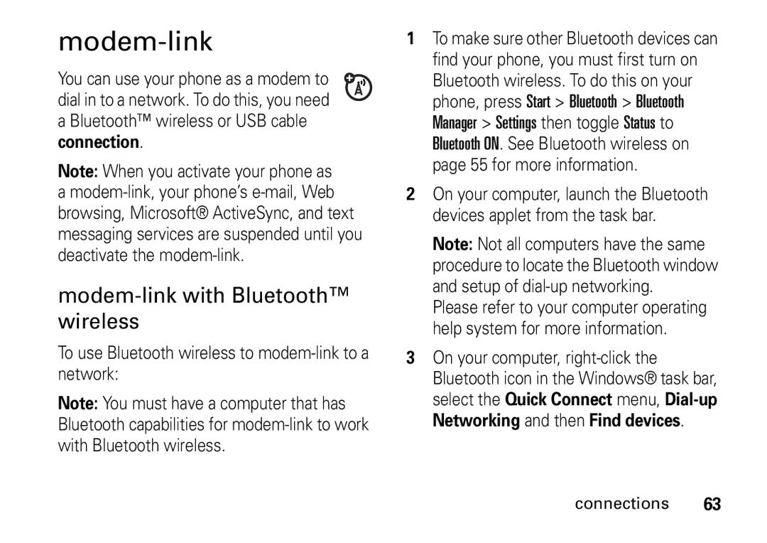 Motorola 9HMOTO manual Modem-link with Bluetooth wireless, To use Bluetooth wireless to modem-link to a network 