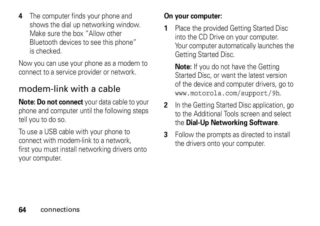 Motorola 9HMOTO manual Modem-link with a cable, On your computer 