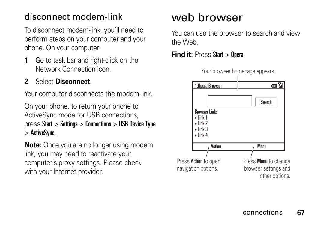 Motorola 9HMOTO manual Web browser, Disconnect modem-link, Select Disconnect, ActiveSync 