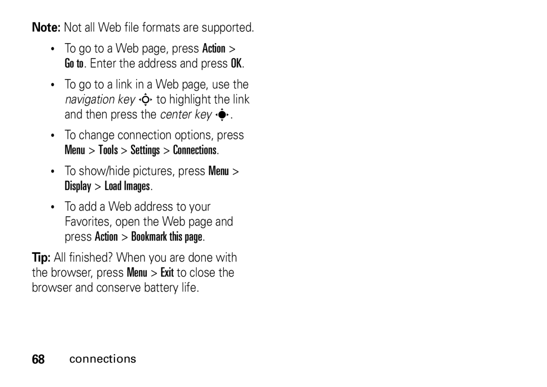 Motorola 9HMOTO manual To show/hide pictures, press Menu Display Load Images 