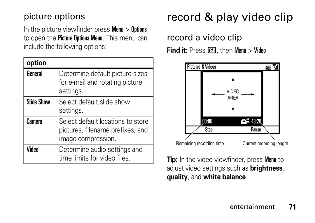 Motorola 9HMOTO manual Record & play video clip, Picture options, Record a video clip, Option, Quality, and white balance 