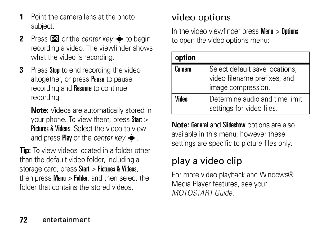 Motorola 9HMOTO manual Video options, Play a video clip 