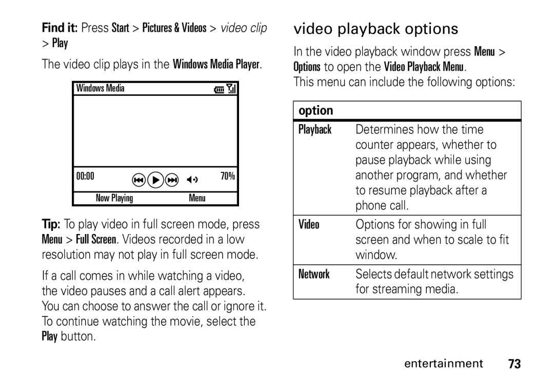 Motorola 9HMOTO manual Video playback options, Play, This menu can include the following options 