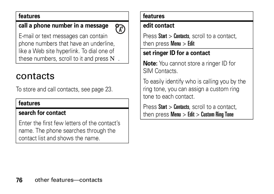 Motorola 9HMOTO Contacts, Features Call a phone number in a message, Features Search for contact, Features Edit contact 