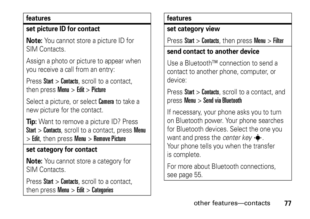 Motorola 9HMOTO manual Features Set picture ID for contact, Edit, then press Menu Remove Picture, Set category for contact 