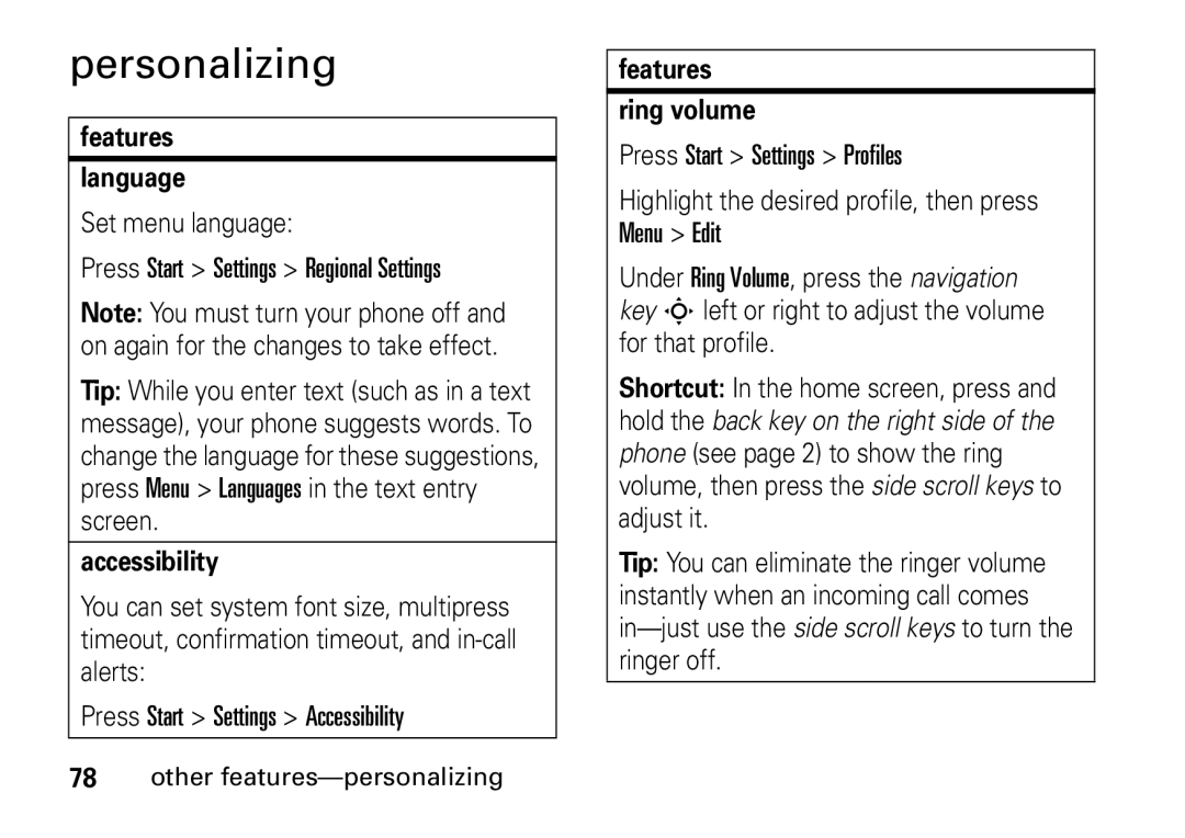 Motorola 9HMOTO Personalizing, Features Language, Set menu language Press Start Settings Regional Settings, Accessibility 