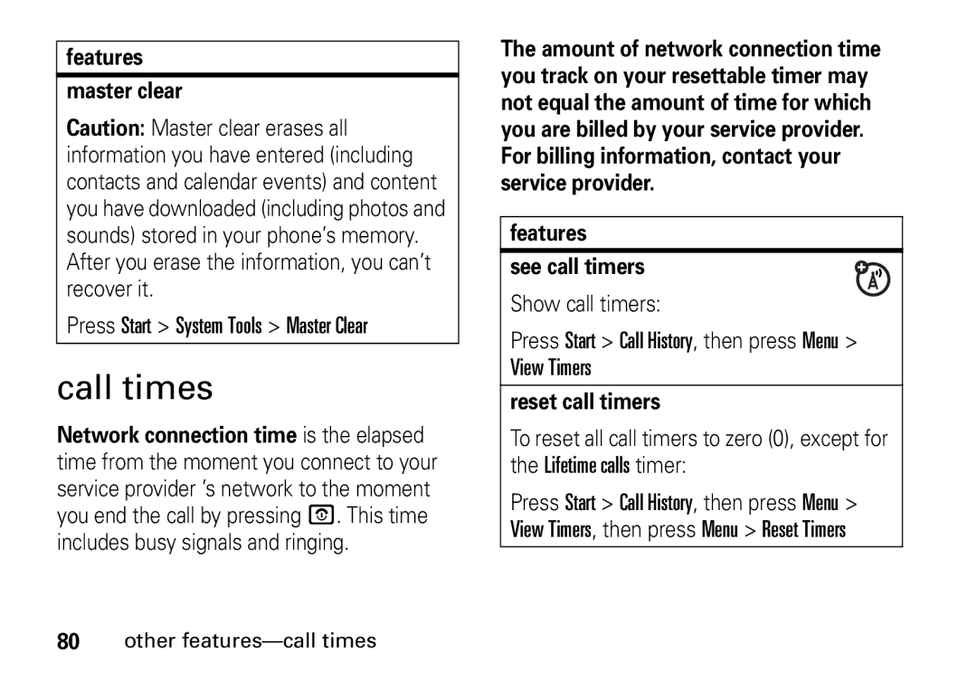 Motorola 9HMOTO manual Call times, Features Master clear, Features See call timers, Reset call timers 