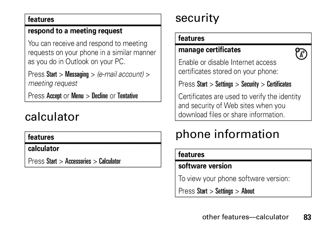 Motorola 9HMOTO manual Calculator, Security, Phone information 