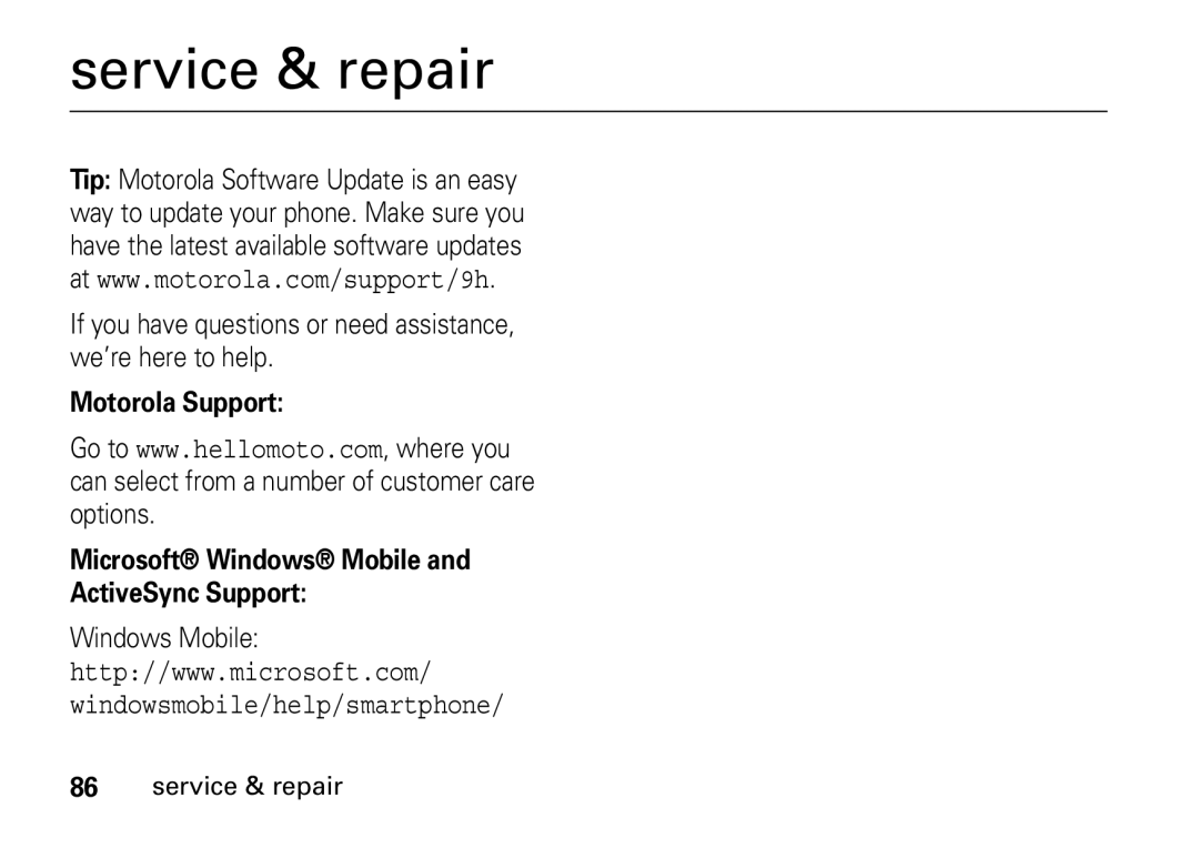 Motorola 9HMOTO manual Service & repair, Windows Mobile 