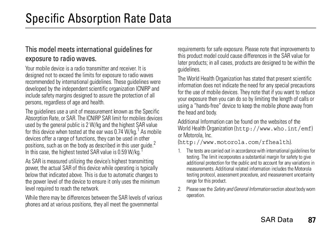 Motorola 9HMOTO manual Specific Absorption Rate Data 