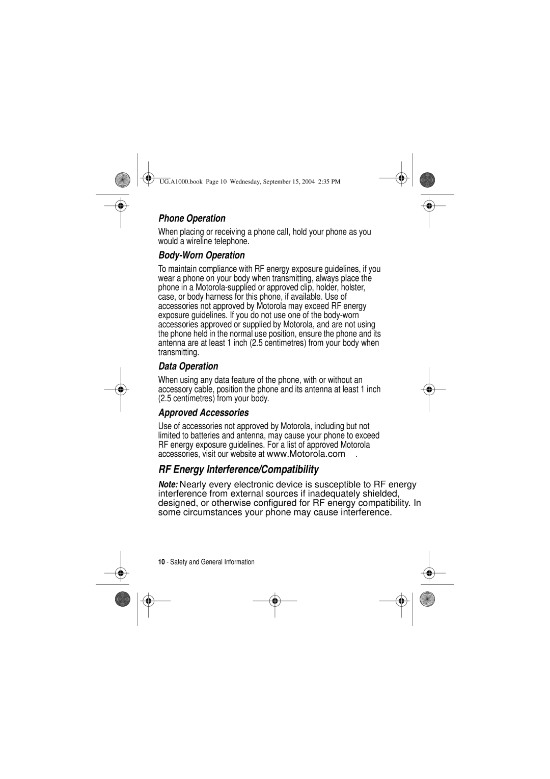 Motorola A1000 manual RF Energy Interference/Compatibility, Body-Worn Operation 