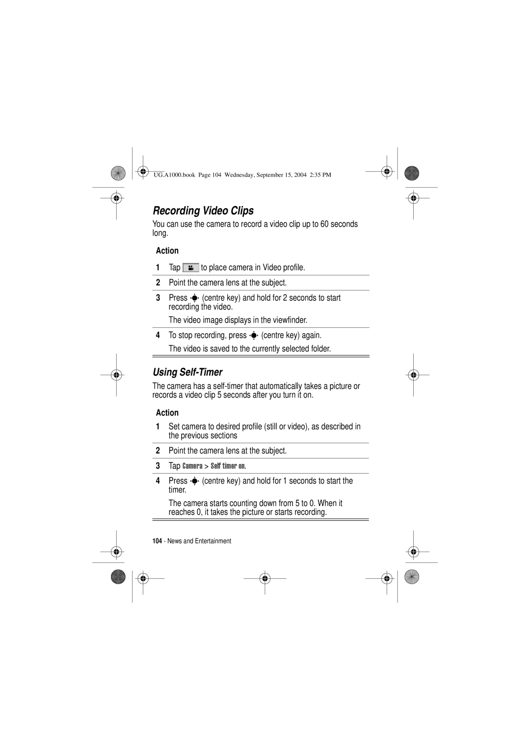 Motorola A1000 manual Recording Video Clips, Using Self-Timer 