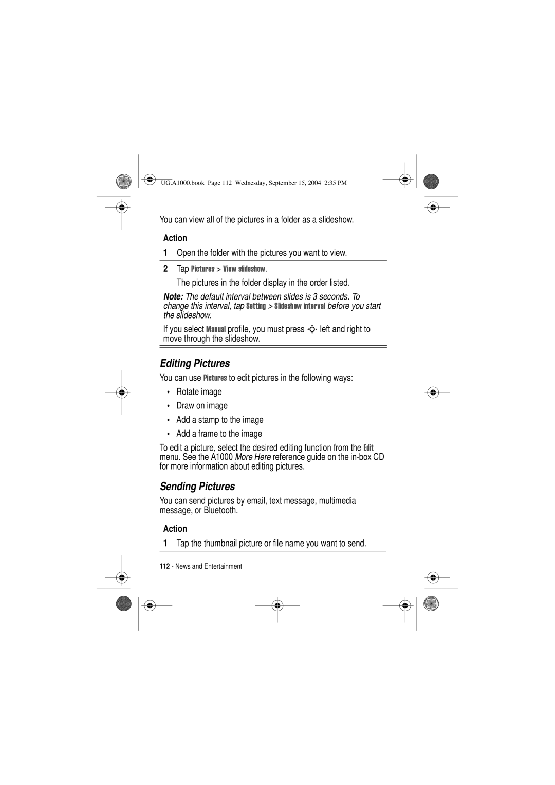 Motorola A1000 manual Editing Pictures, Sending Pictures, You can view all of the pictures in a folder as a slideshow 