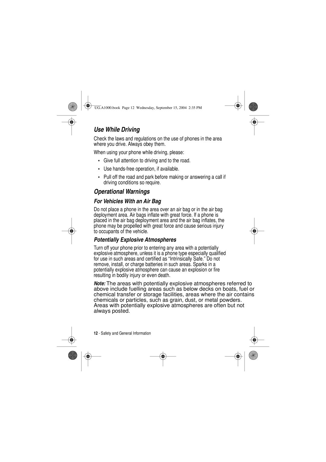 Motorola A1000 manual Use While Driving, Operational Warnings 