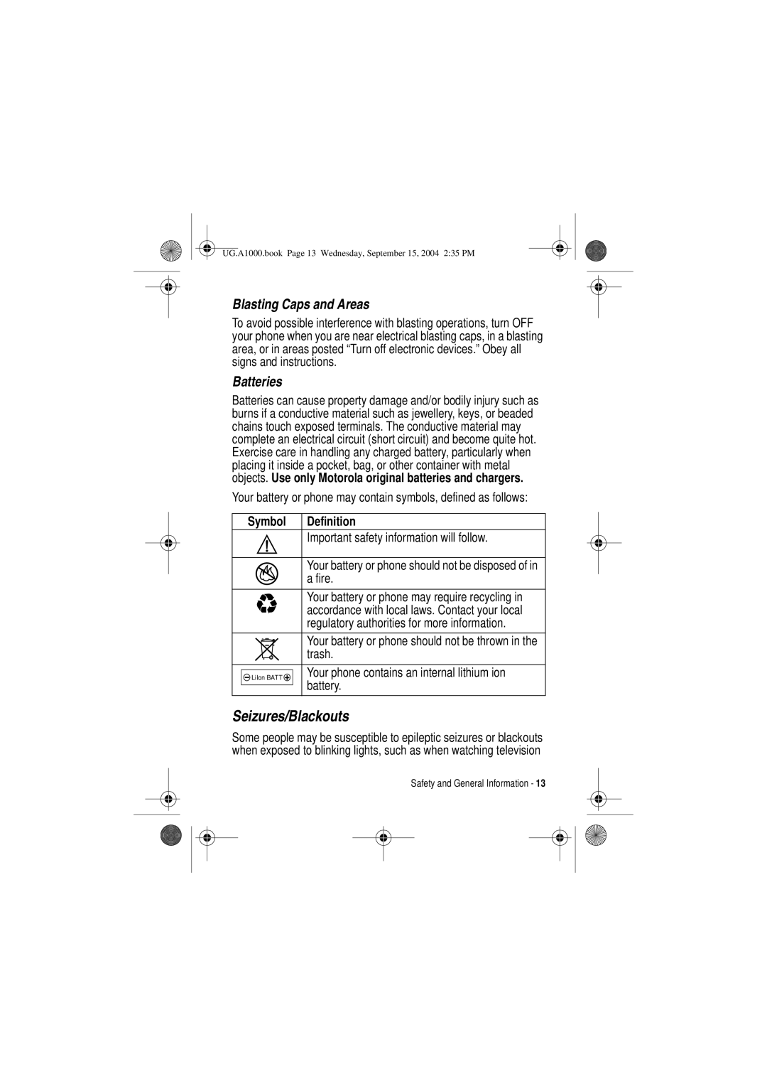 Motorola A1000 manual Seizures/Blackouts 