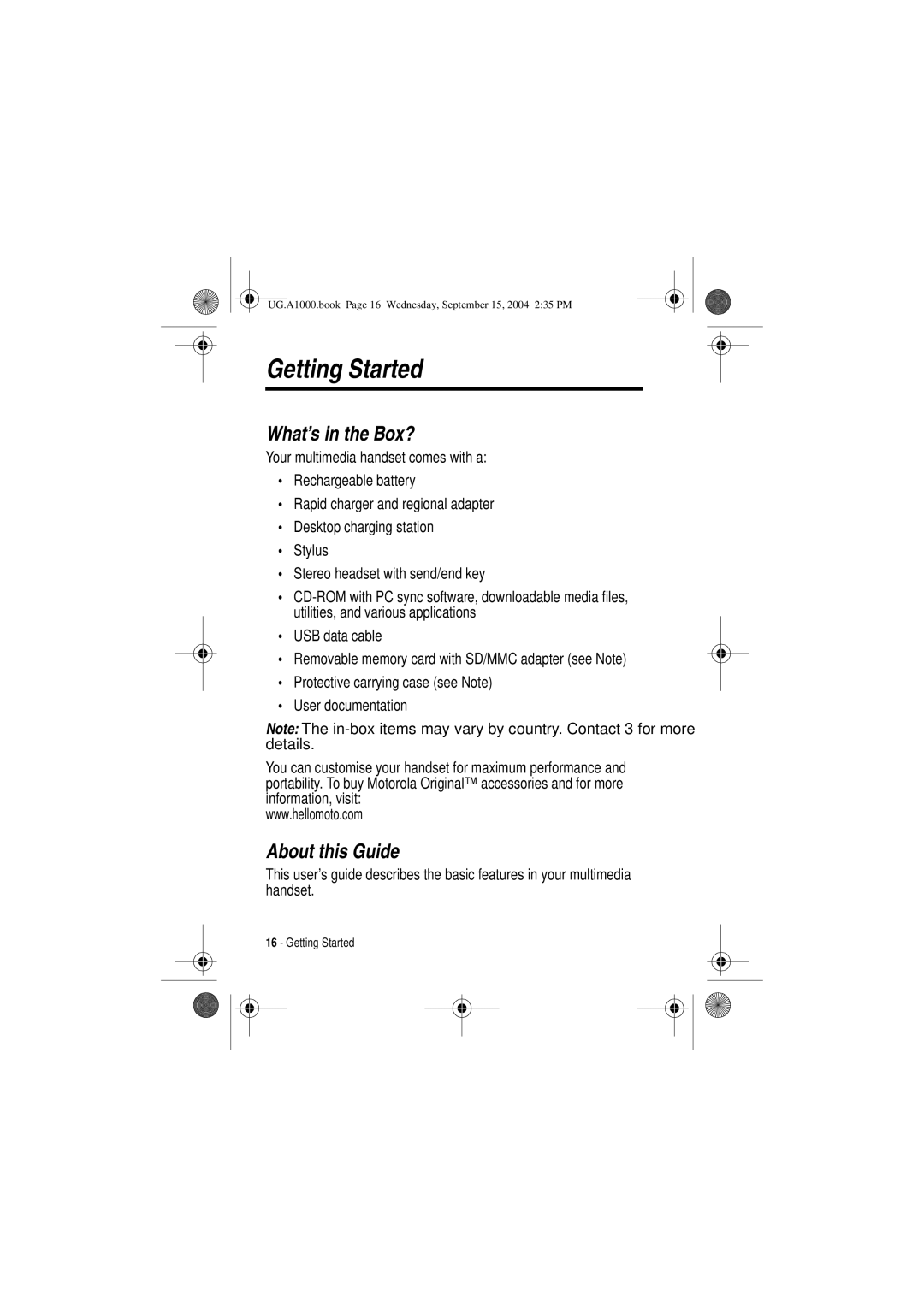 Motorola A1000 manual Getting Started, What’s in the Box?, About this Guide 
