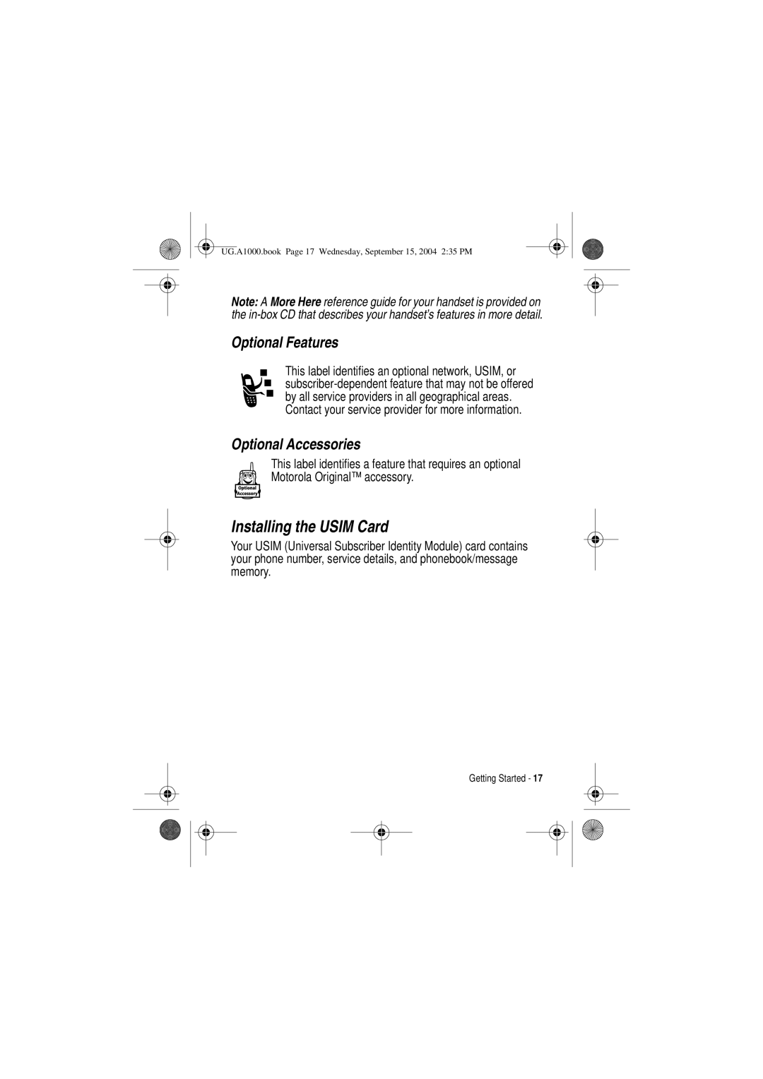 Motorola A1000 manual Installing the Usim Card, Optional Features, Optional Accessories 