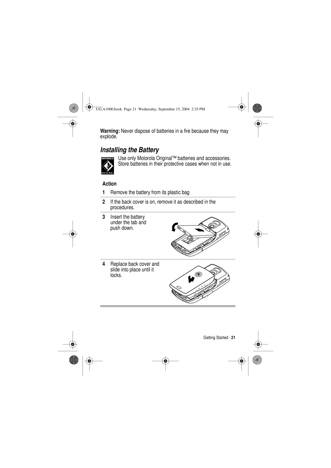 Motorola A1000 manual Installing the Battery, Locks 