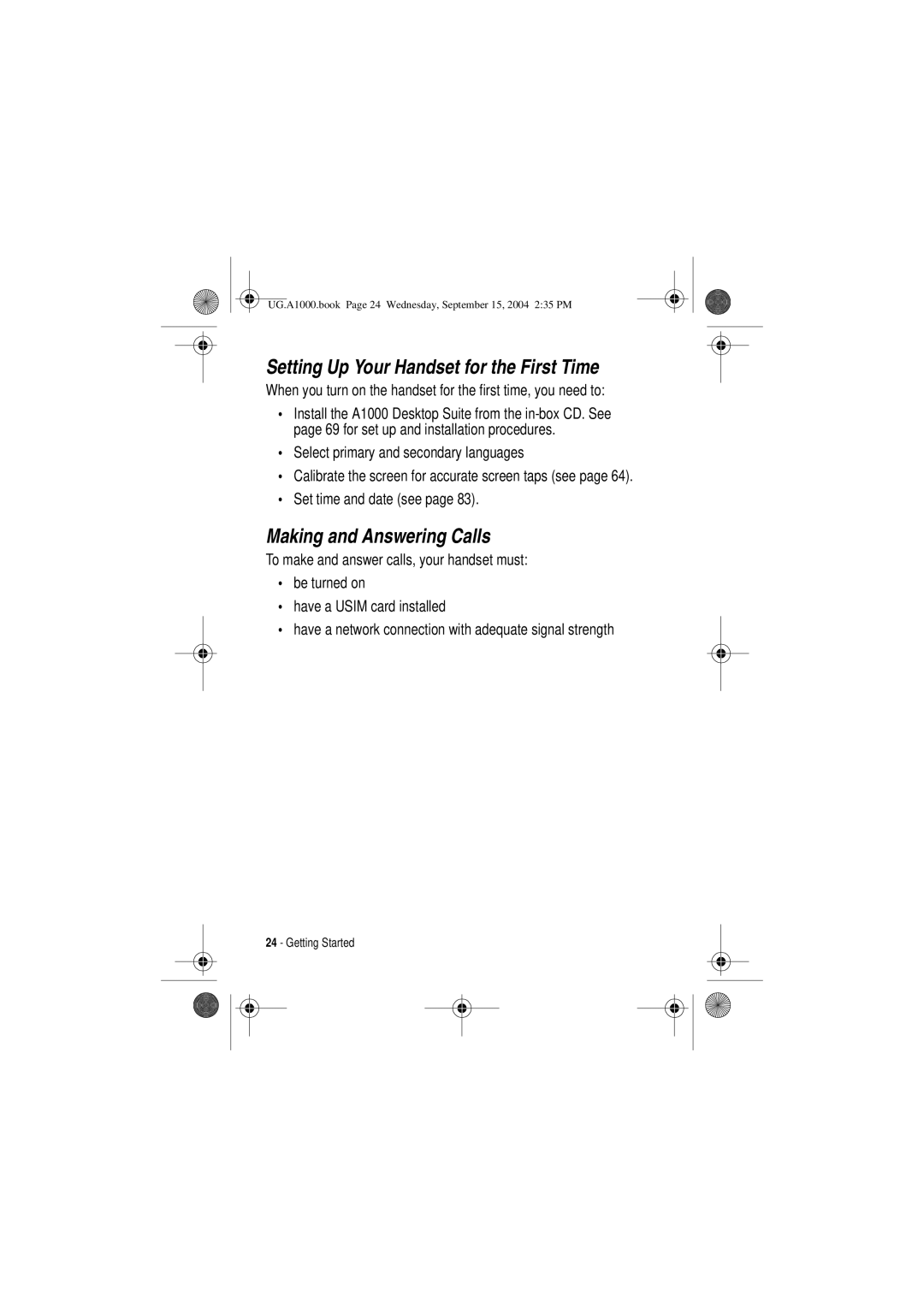 Motorola A1000 manual Setting Up Your Handset for the First Time, Making and Answering Calls 