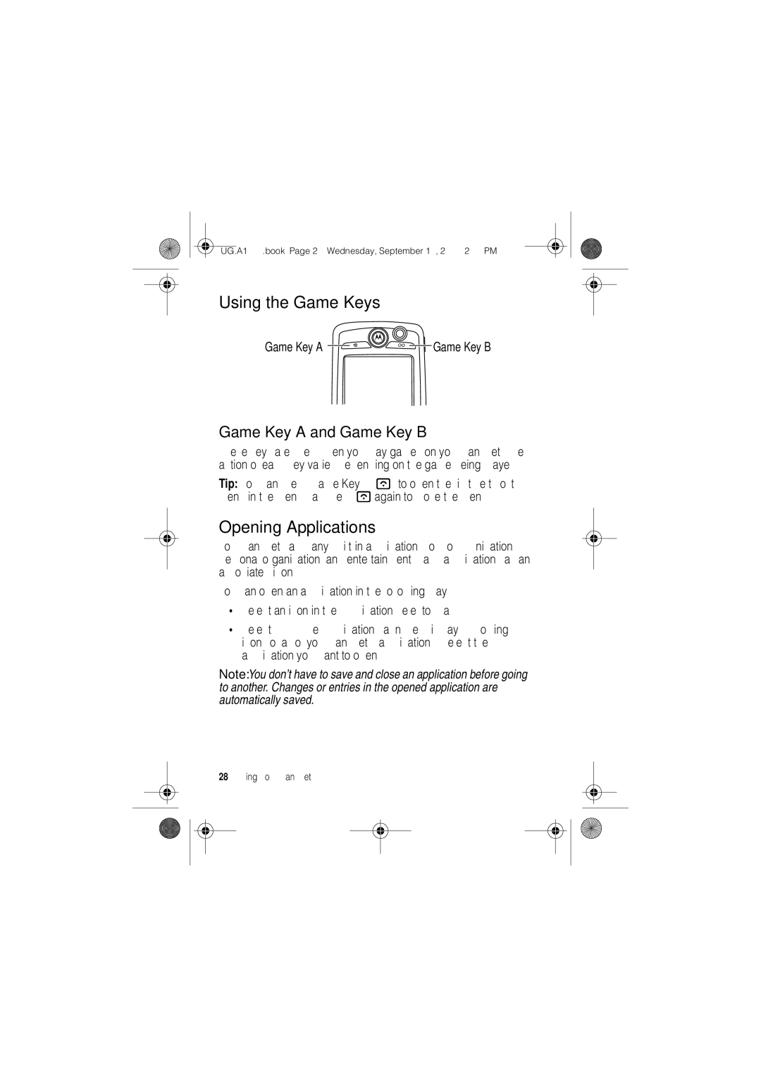 Motorola A1000 manual Using the Game Keys, Opening Applications, Game Key a and Game Key B, Game Key a Game Key B 