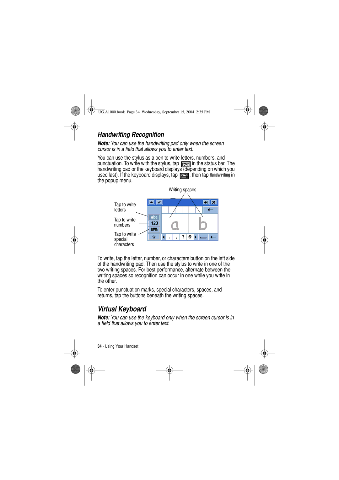 Motorola A1000 manual Virtual Keyboard, Handwriting Recognition 