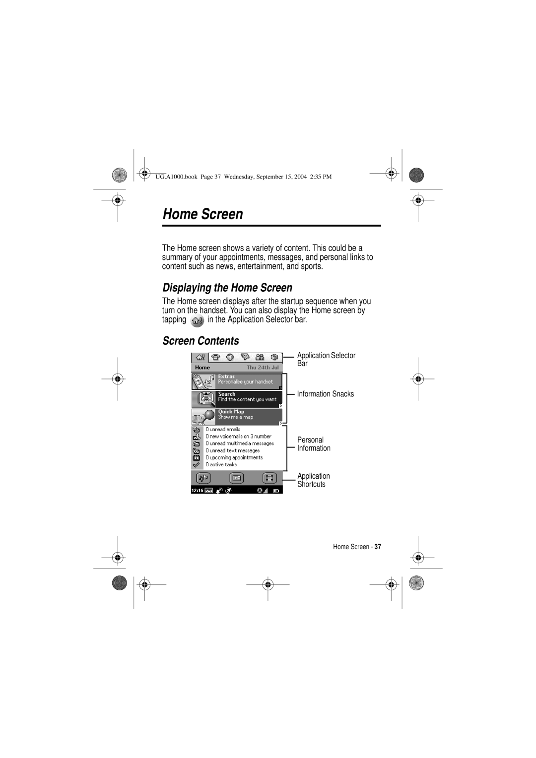 Motorola A1000 manual Displaying the Home Screen, Screen Contents 